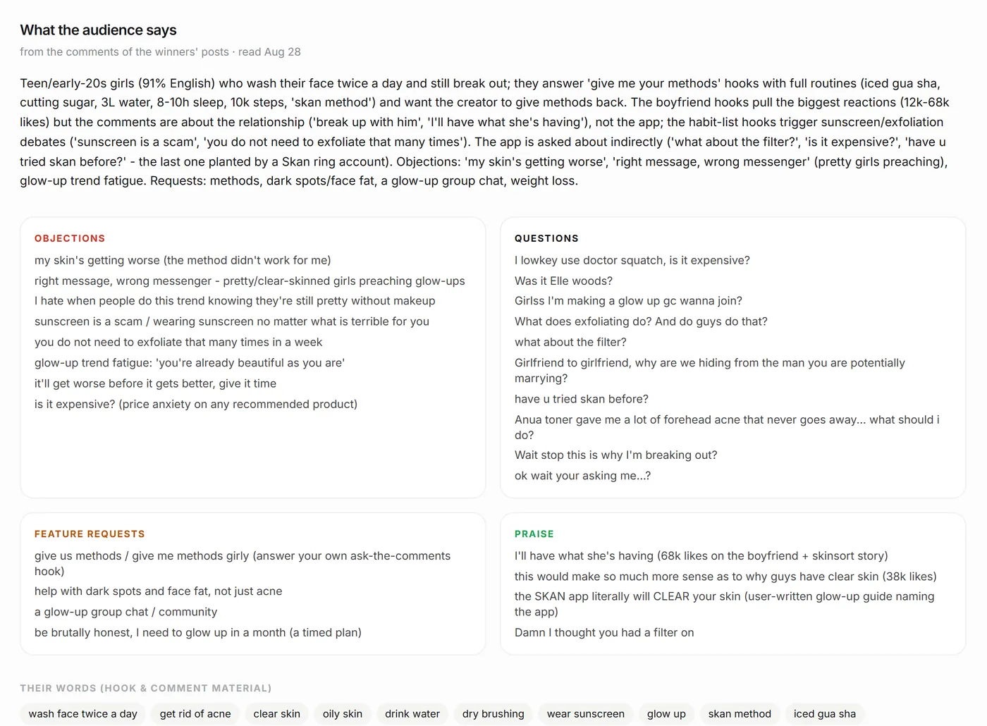 Discover audience read: summary of the comments plus objections, questions, feature requests and praise